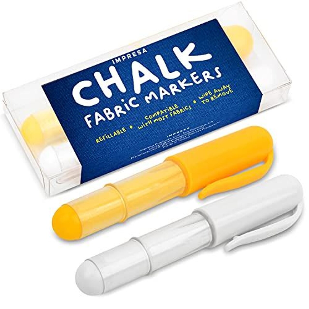 IMPRESA 2 Pack Fabric Chalk Markers for Sewing & Quilting - Refillable White & Yellow Sewing Chalk for Fabric for Easy & Consistent Erasable Marking